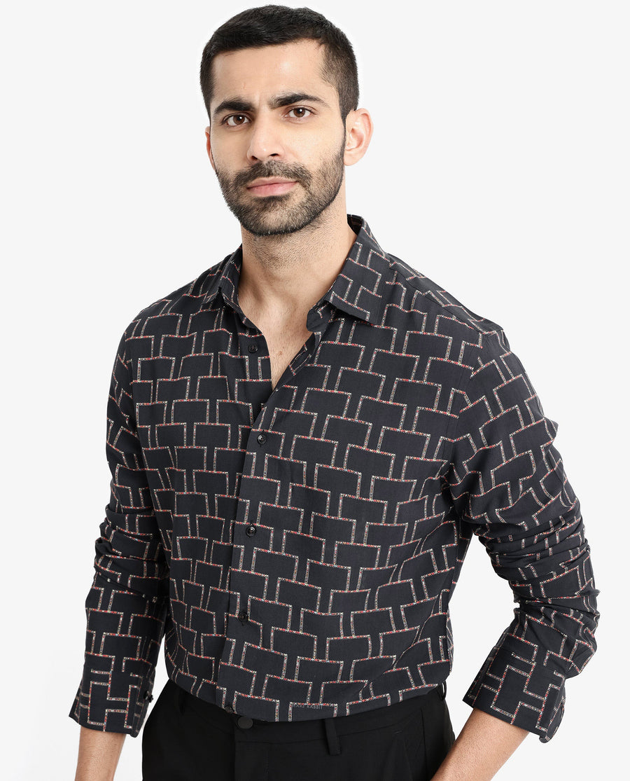 Rare Rabbit Men's Wels Black Viscose Geometric Print Regular Fit Full Sleeve Collared Shirt