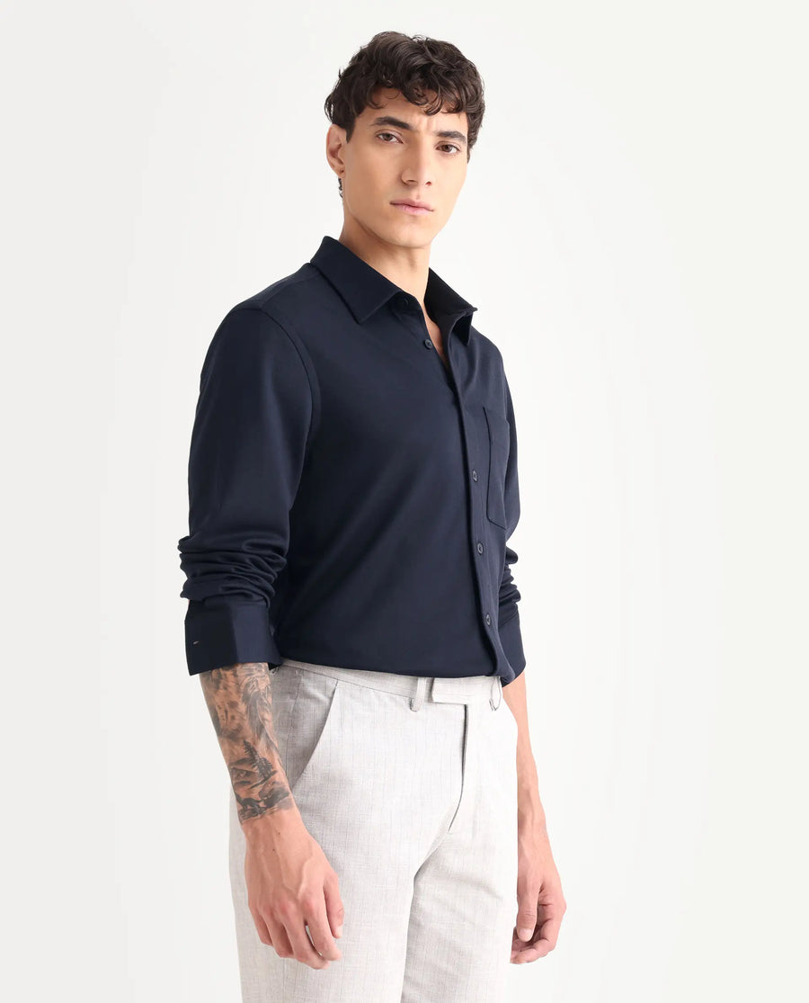 Rare Rabbit Men's Wesk Dark Navy Polyester Blend Spread Collar Regular Fit Plain Shirt
