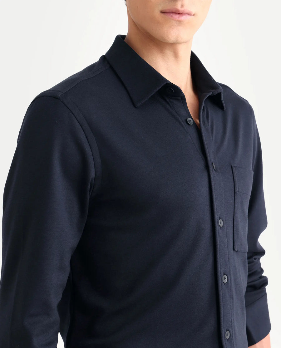 Rare Rabbit Men's Wesk Dark Navy Polyester Blend Spread Collar Regular Fit Plain Shirt