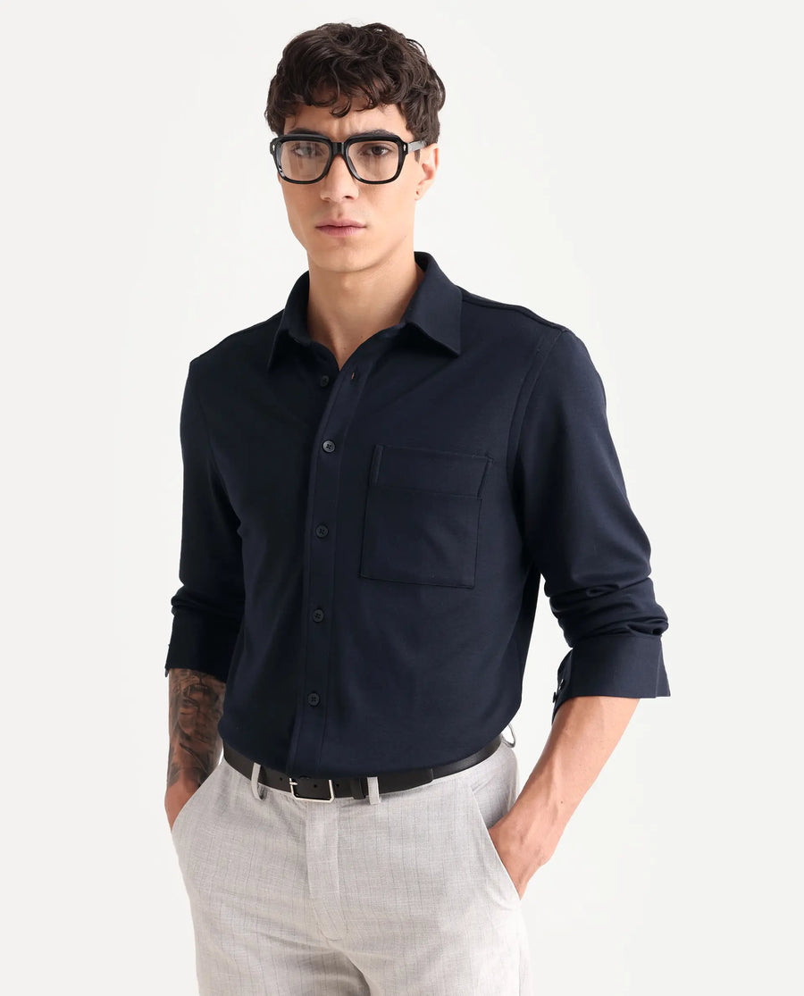 Rare Rabbit Men's Wesk Dark Navy Polyester Blend Spread Collar Regular Fit Plain Shirt