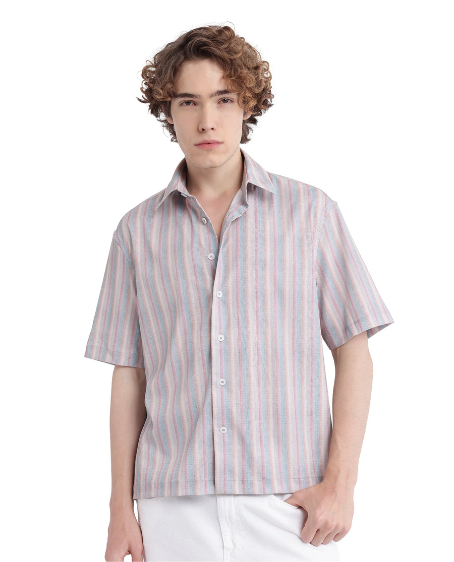 Rare Rabbit Men's Wexder Beige Cotton Striped Print Regular Fit Half Sleeve Collared Shirt