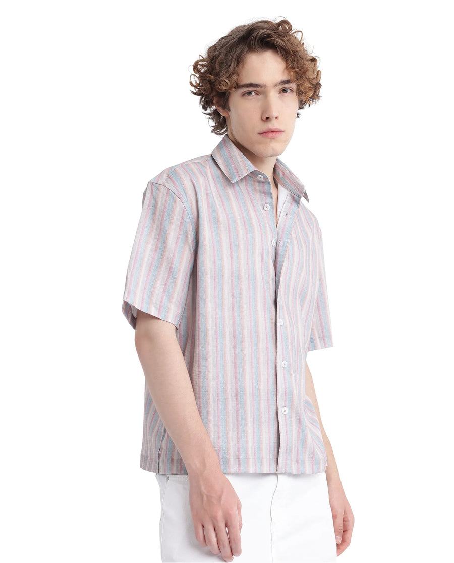 Rare Rabbit Men's Wexder Beige Cotton Striped Print Regular Fit Half Sleeve Collared Shirt