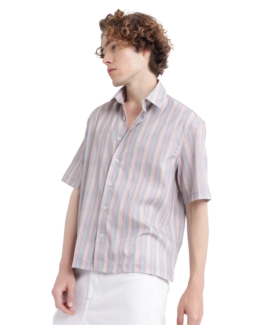 Rare Rabbit Men's Wexder Beige Cotton Striped Print Regular Fit Half Sleeve Collared Shirt
