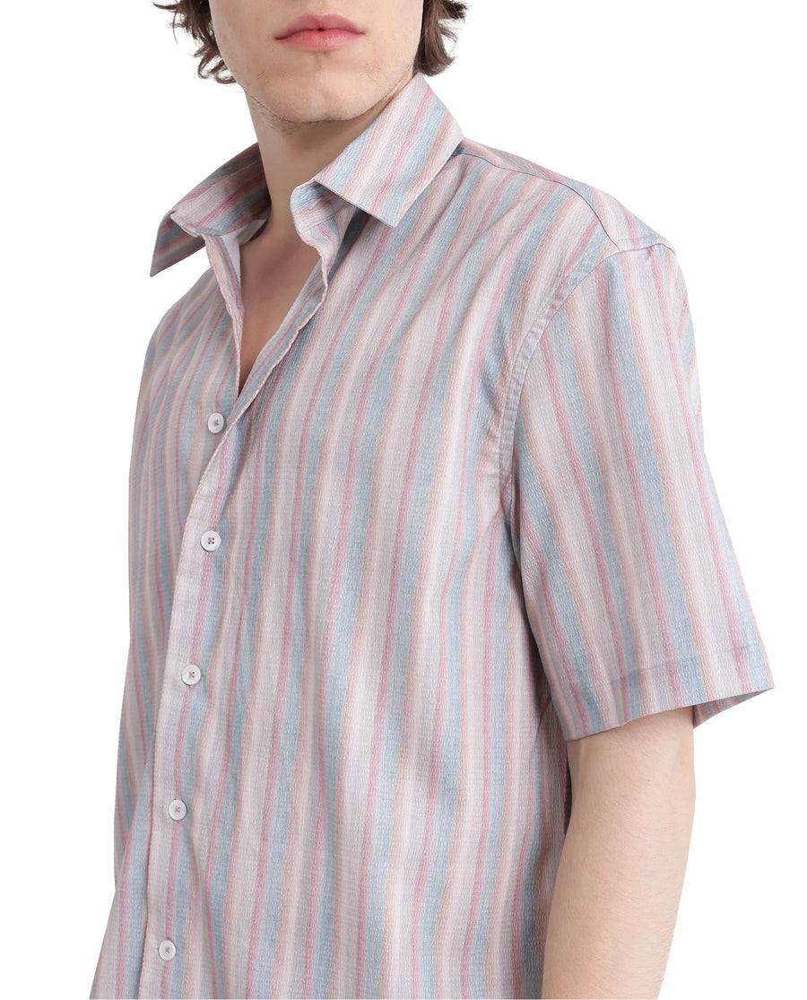Rare Rabbit Men's Wexder Beige Cotton Striped Print Regular Fit Half Sleeve Collared Shirt
