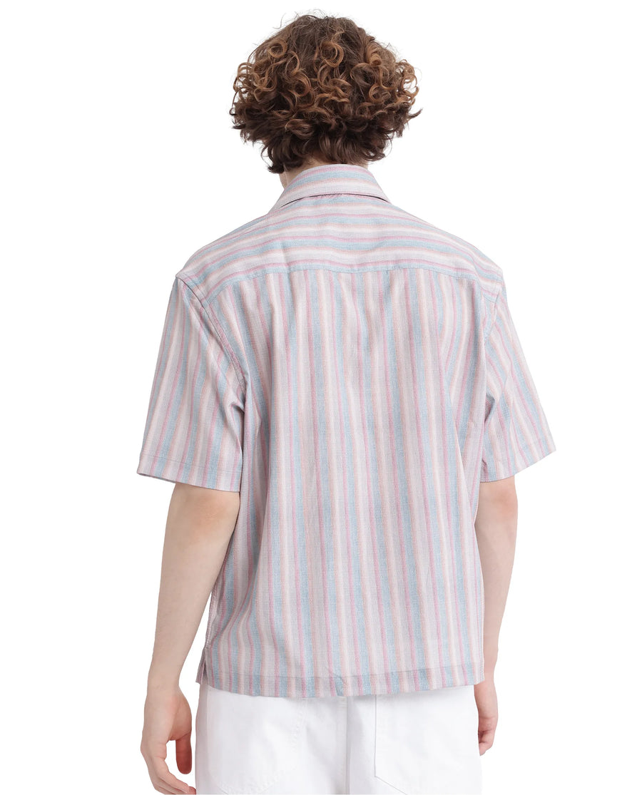 Rare Rabbit Men's Wexder Beige Cotton Striped Print Regular Fit Half Sleeve Collared Shirt