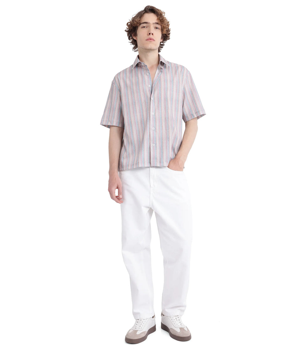 Rare Rabbit Men's Wexder Beige Cotton Striped Print Regular Fit Half Sleeve Collared Shirt