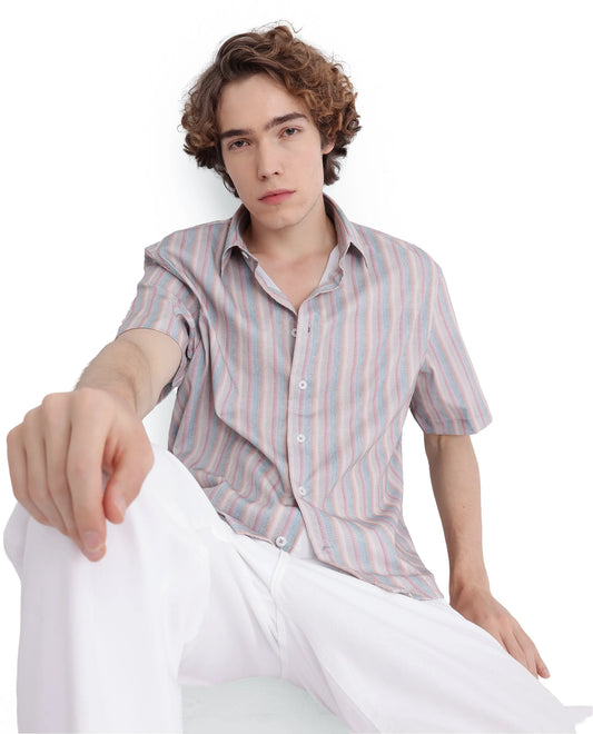 Rare Rabbit Men's Wexder Beige Cotton Striped Print Regular Fit Half Sleeve Collared Shirt