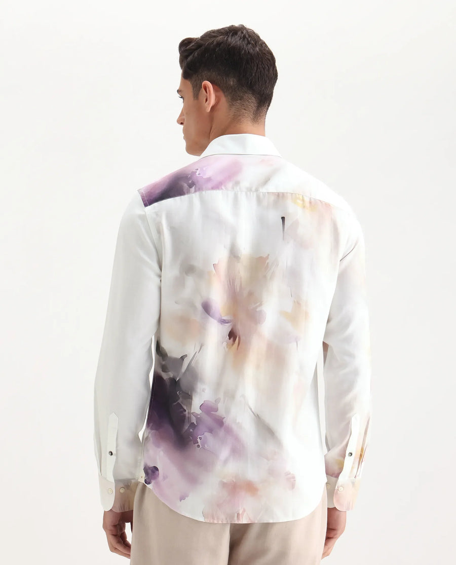 Rare Rabbit Men's Wexol Off White Cotton Blend Floral Print Regular Fit Full Sleeve Collared Shirt