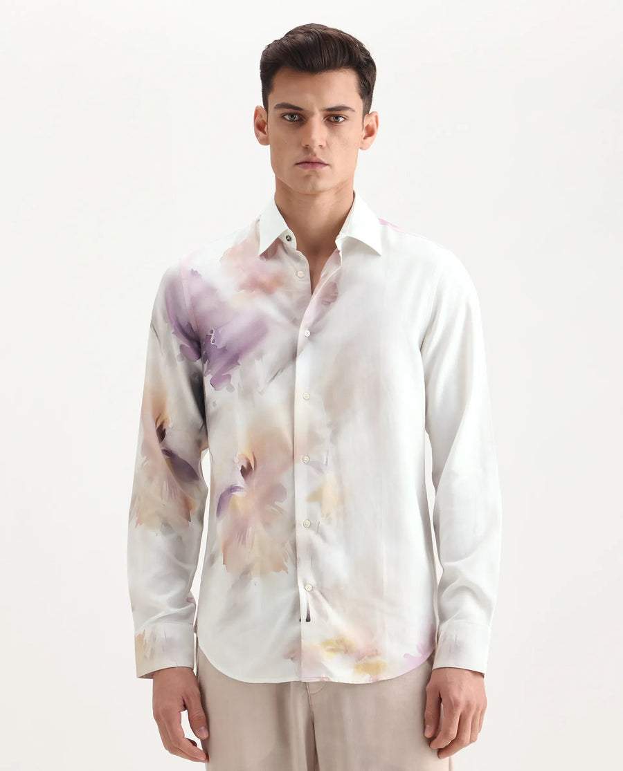 Rare Rabbit Men's Wexol Off White Cotton Blend Floral Print Regular Fit Full Sleeve Collared Shirt