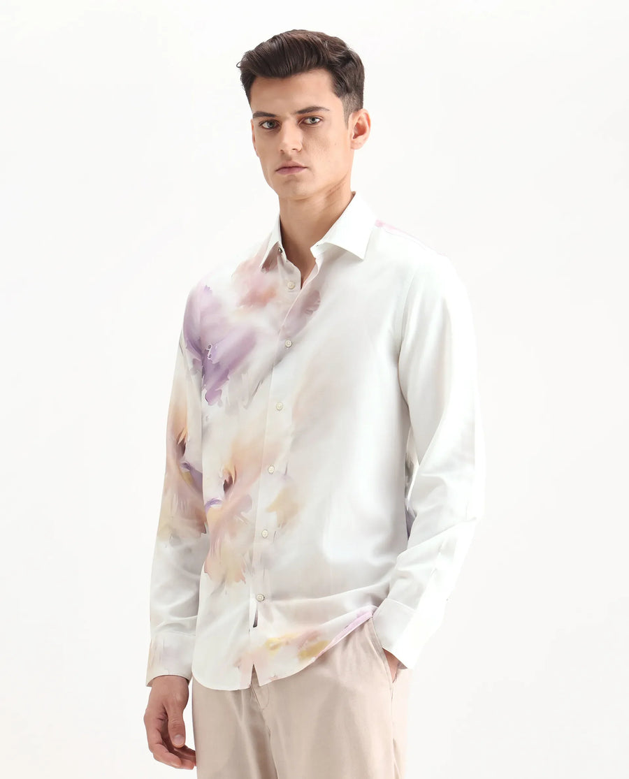 Rare Rabbit Men's Wexol Off White Cotton Blend Floral Print Regular Fit Full Sleeve Collared Shirt