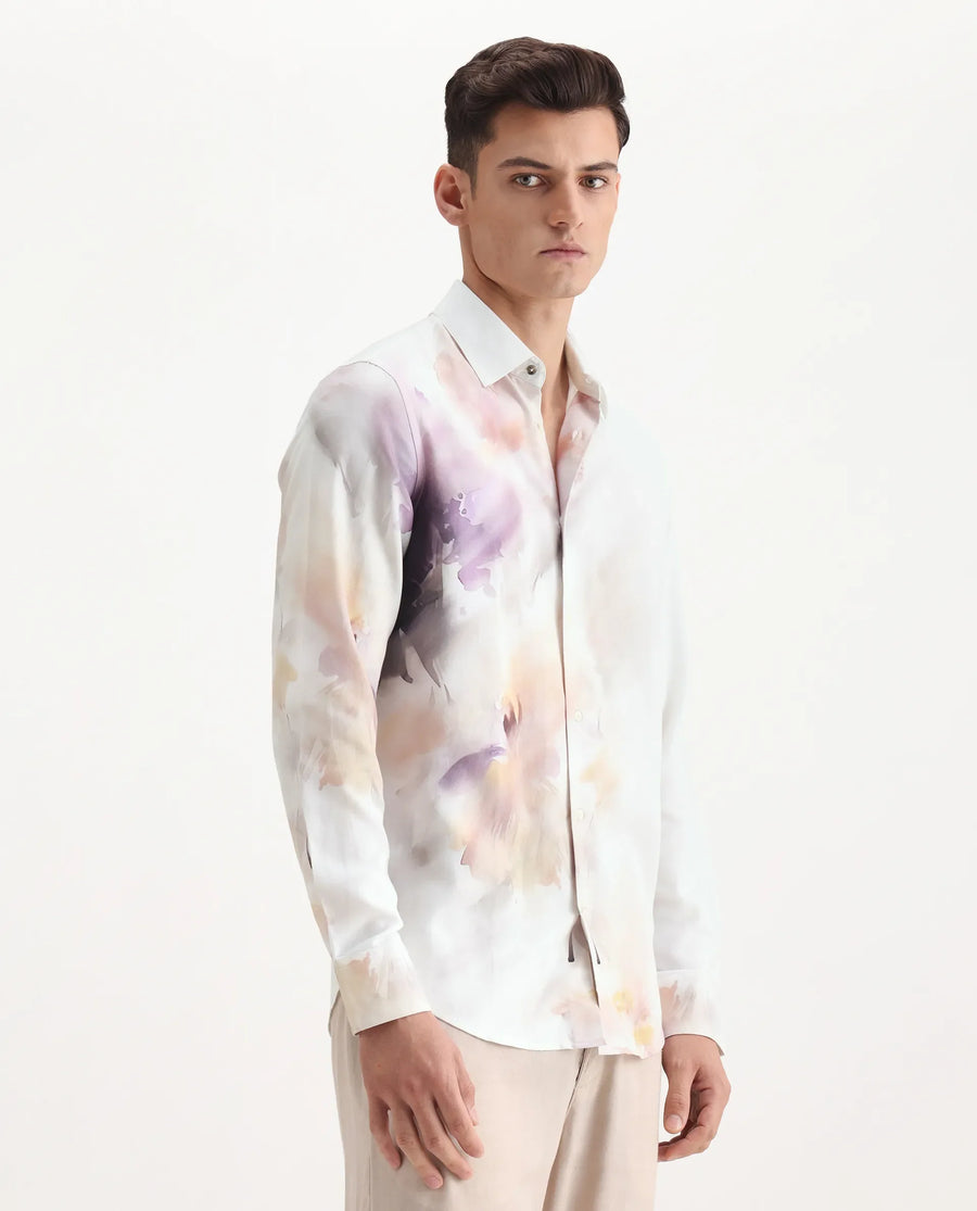 Rare Rabbit Men's Wexol Off White Cotton Blend Floral Print Regular Fit Full Sleeve Collared Shirt