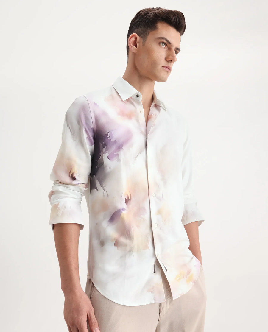 Rare Rabbit Men's Wexol Off White Cotton Blend Floral Print Regular Fit Full Sleeve Collared Shirt