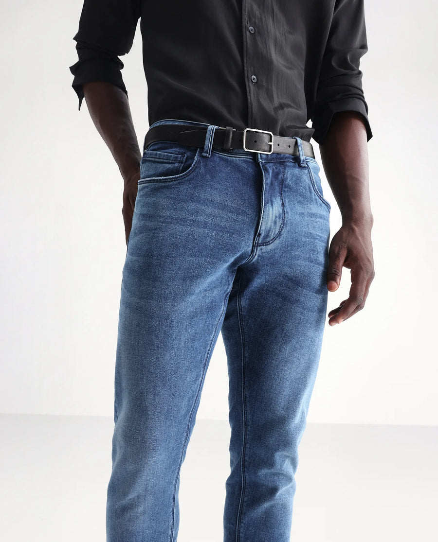 Rare Rabbit Men's Widz Blue Cotton Plain Hawk Slim Fit Jeans