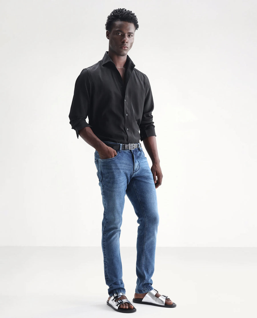 Rare Rabbit Men's Widz Blue Cotton Plain Hawk Slim Fit Jeans