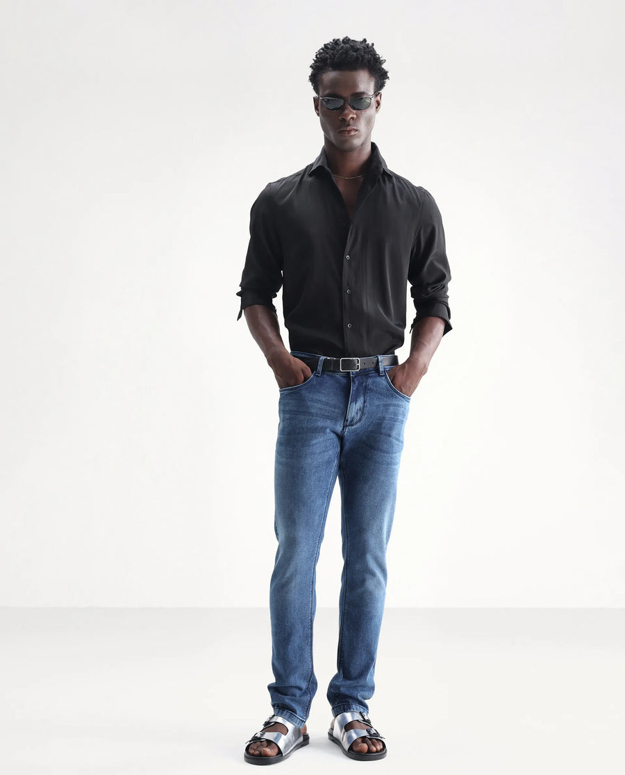 Rare Rabbit Men's Widz Blue Cotton Plain Hawk Slim Fit Jeans