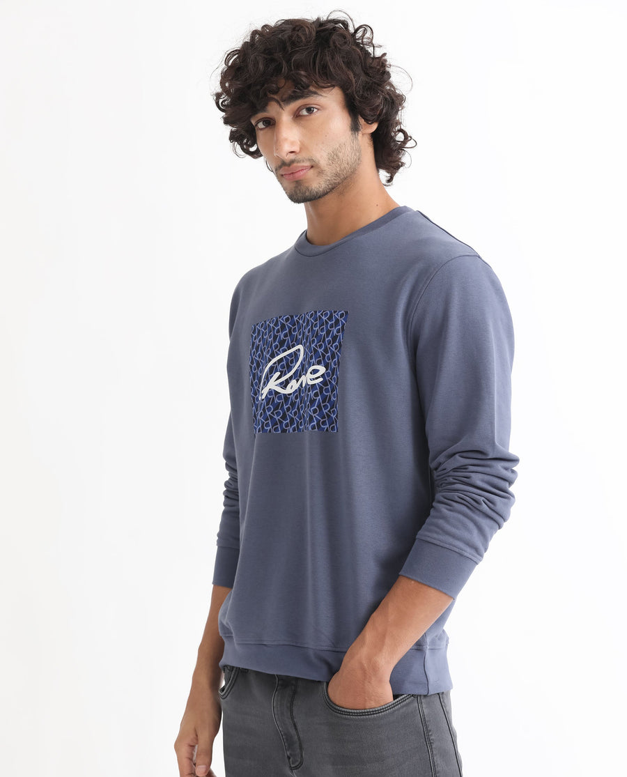 Rare Rabbit Men's Wiltonn Blue Cotton Graphic Print Regular Fit Full Sleeve Crew Neck Sweatshirt
