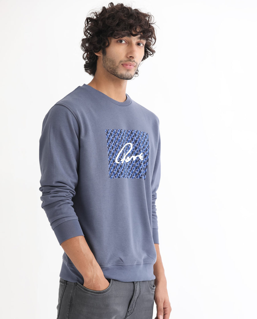 Rare Rabbit Men's Wiltonn Blue Cotton Graphic Print Regular Fit Full Sleeve Crew Neck Sweatshirt