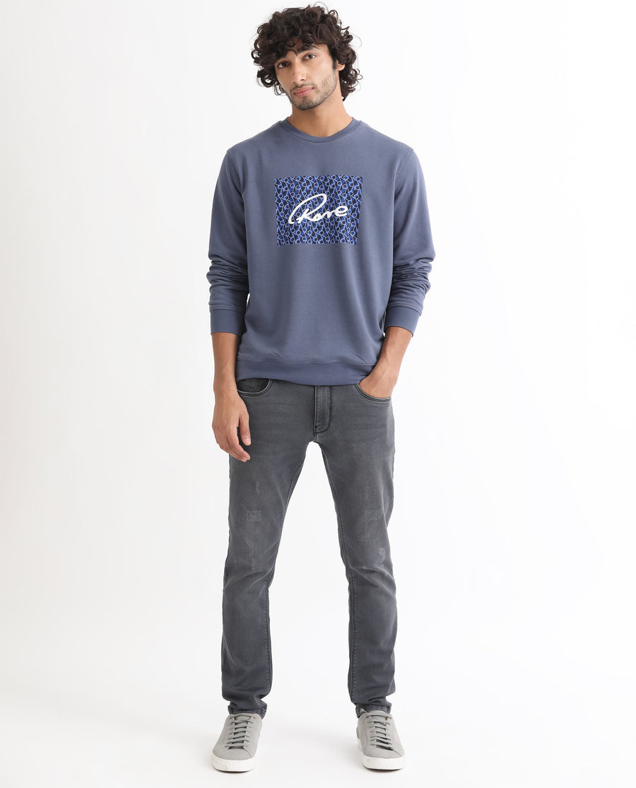 Rare Rabbit Men's Wiltonn Blue Cotton Graphic Print Regular Fit Full Sleeve Crew Neck Sweatshirt