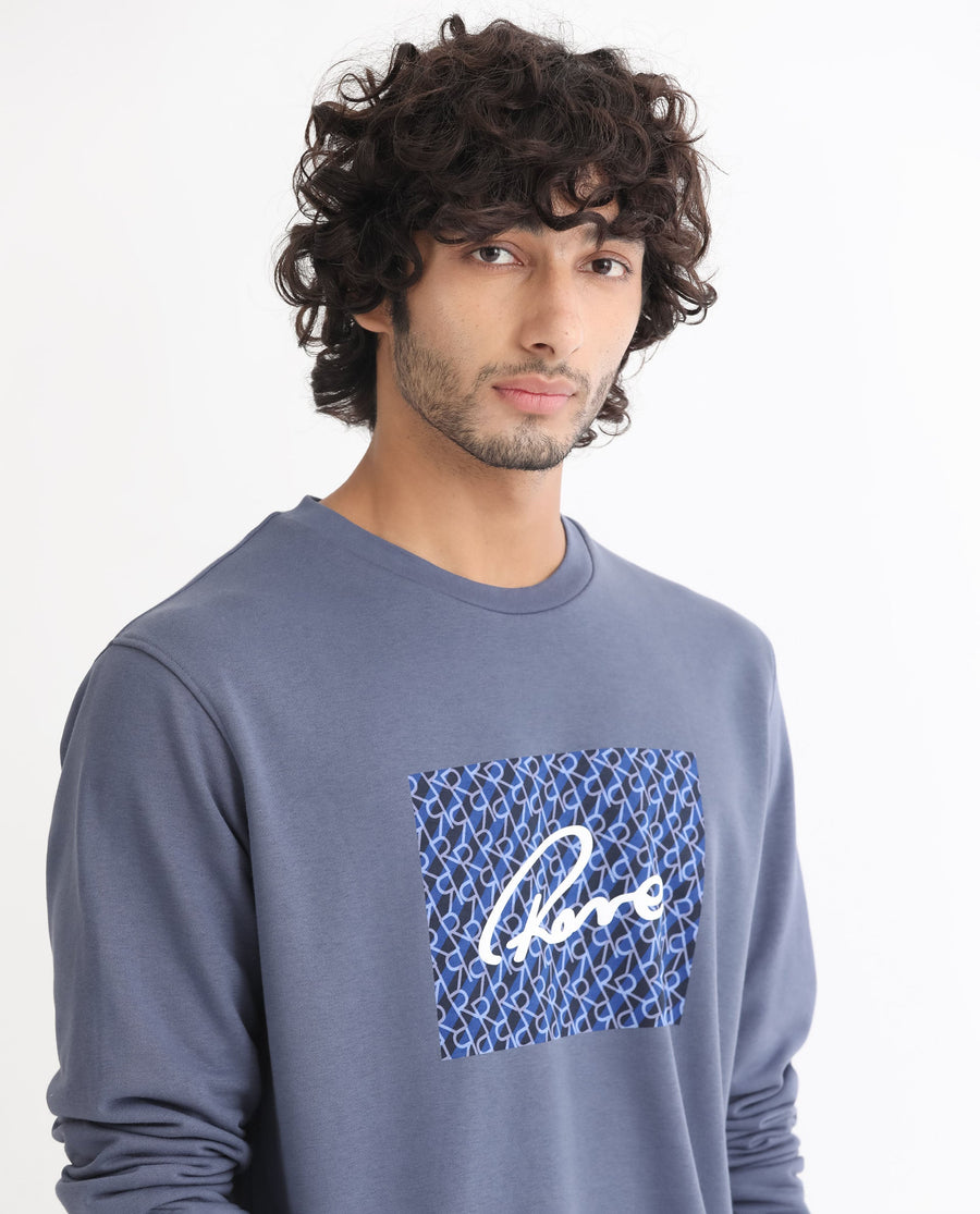 Rare Rabbit Men's Wiltonn Blue Cotton Graphic Print Regular Fit Full Sleeve Crew Neck Sweatshirt