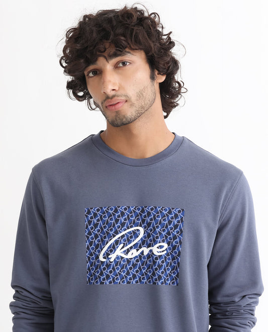 Rare Rabbit Men's Wiltonn Blue Cotton Graphic Print Regular Fit Full Sleeve Crew Neck Sweatshirt