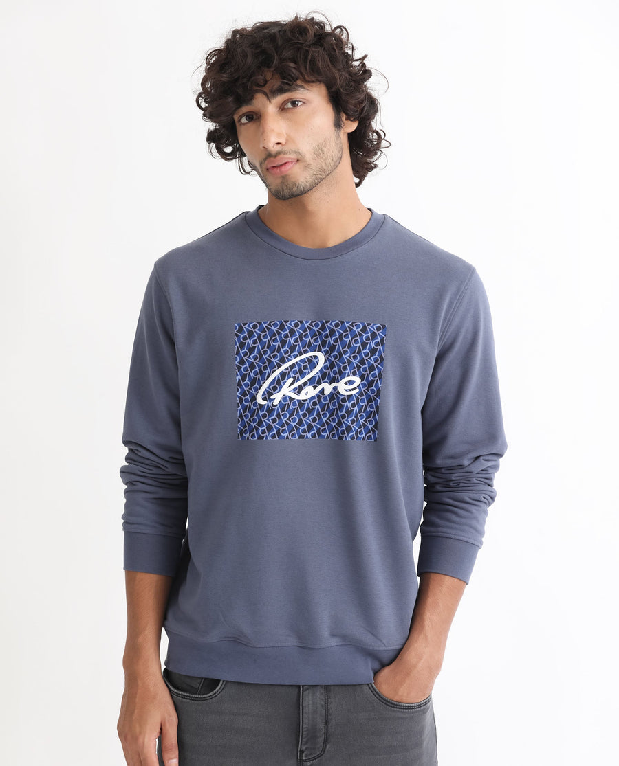 Rare Rabbit Men's Wiltonn Blue Cotton Graphic Print Regular Fit Full Sleeve Crew Neck Sweatshirt