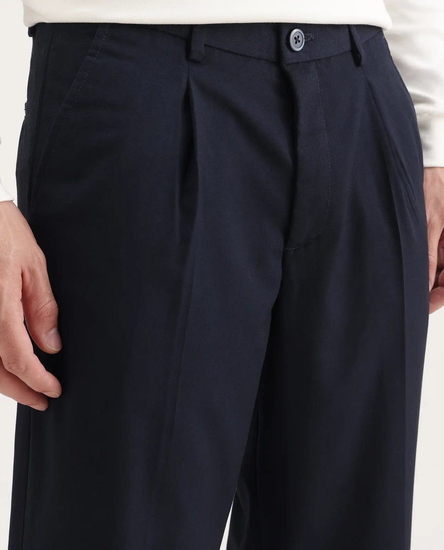 Rare Rabbit Men's Windsor Navy Cotton Plain Relaxed Fit Trouser