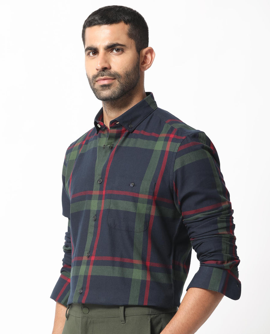 Rare Rabbit Men's Wink Dark Navy Cotton Checked Print Regular Fit Full Sleeve Collared Shirt