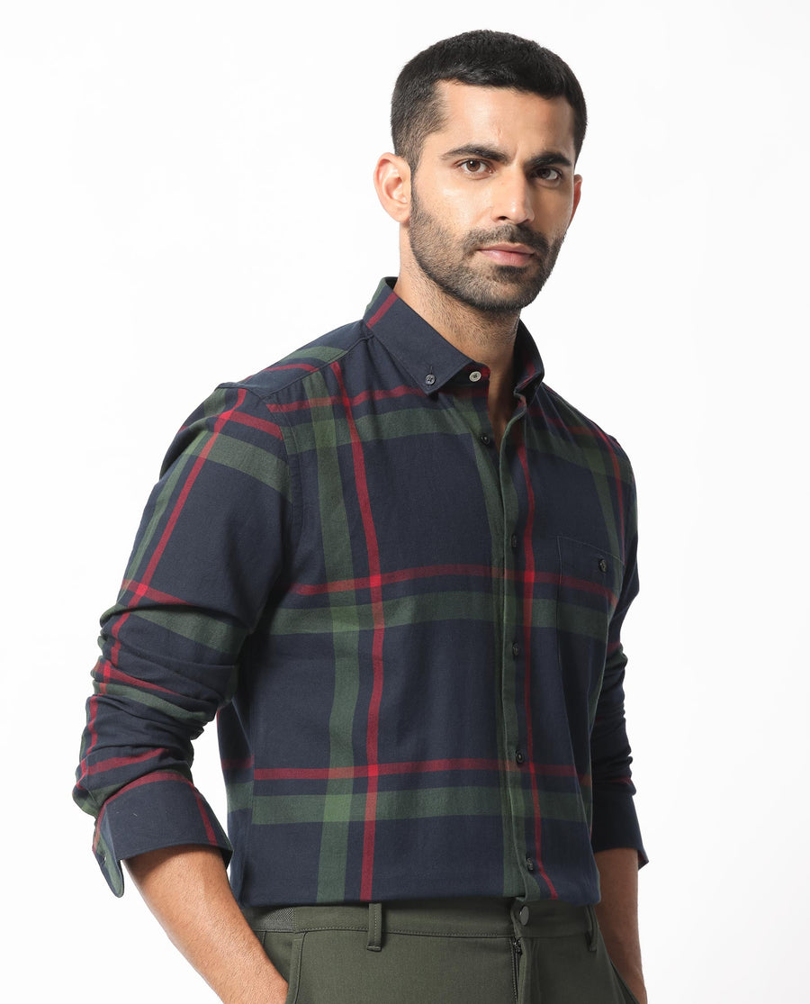 Rare Rabbit Men's Wink Dark Navy Cotton Checked Print Regular Fit Full Sleeve Collared Shirt