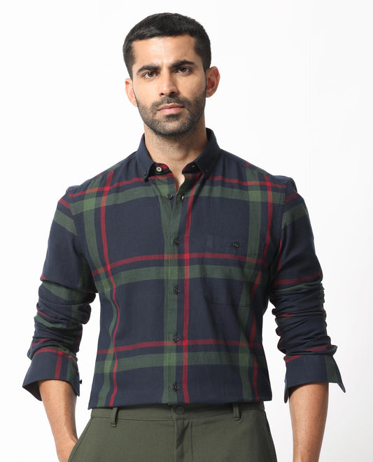 Rare Rabbit Men's Wink Dark Navy Cotton Checked Print Regular Fit Full Sleeve Collared Shirt