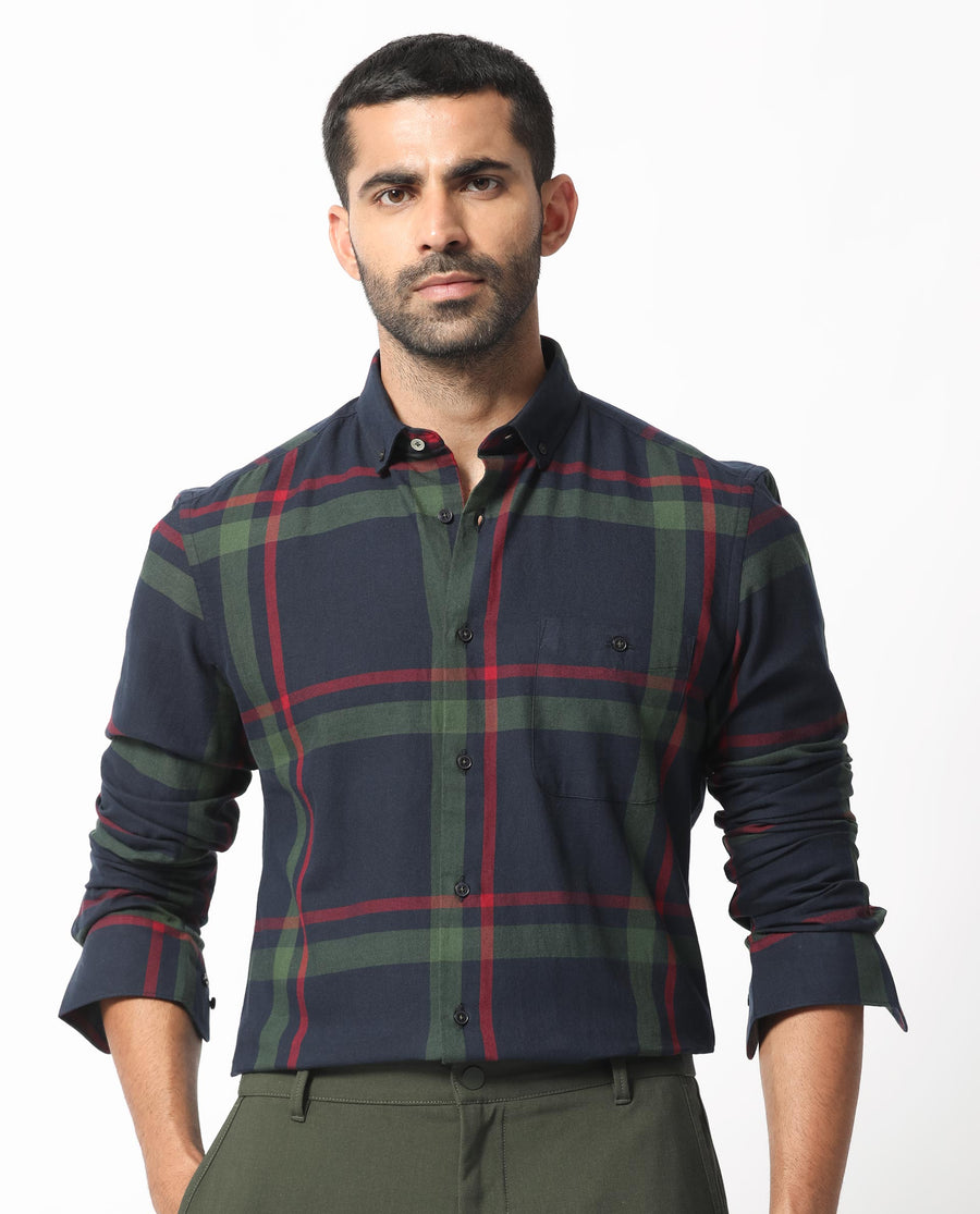 Rare Rabbit Men's Wink Dark Navy Cotton Checked Print Regular Fit Full Sleeve Collared Shirt