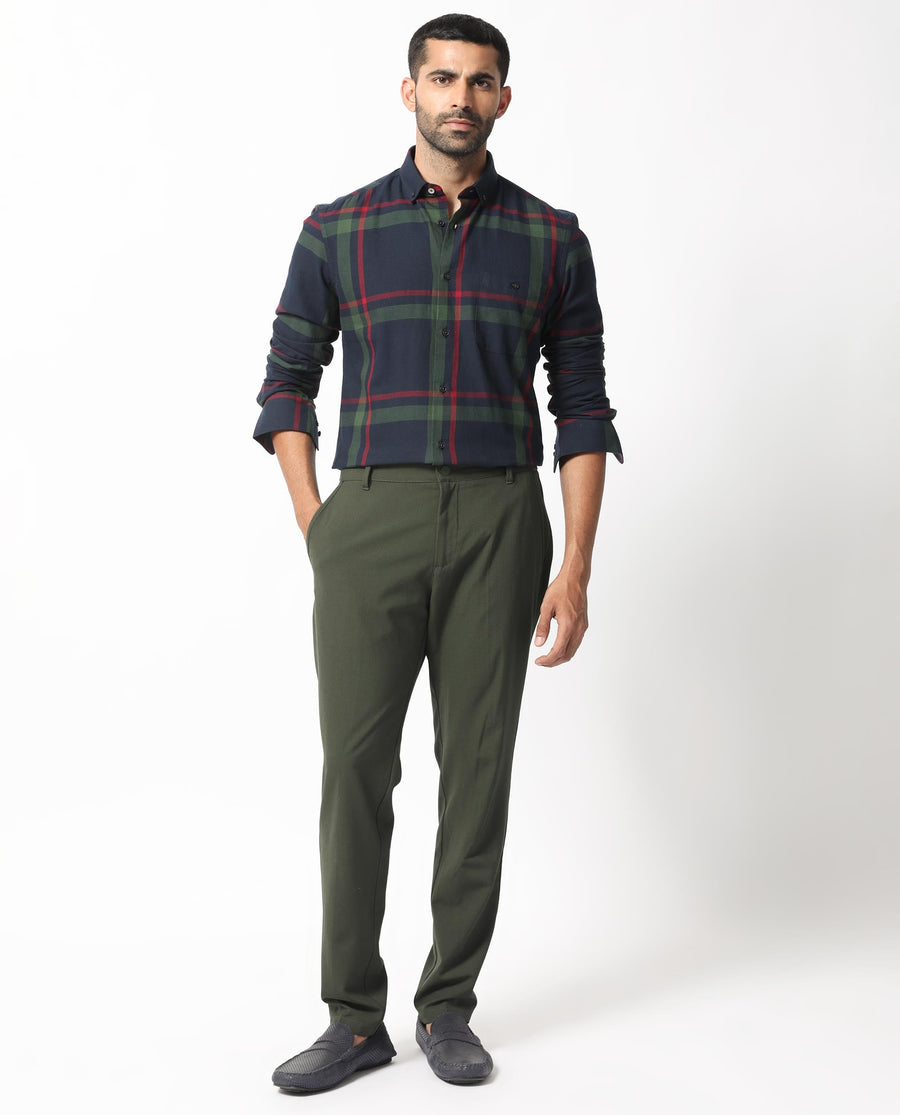 Rare Rabbit Men's Wink Dark Navy Cotton Checked Print Regular Fit Full Sleeve Collared Shirt