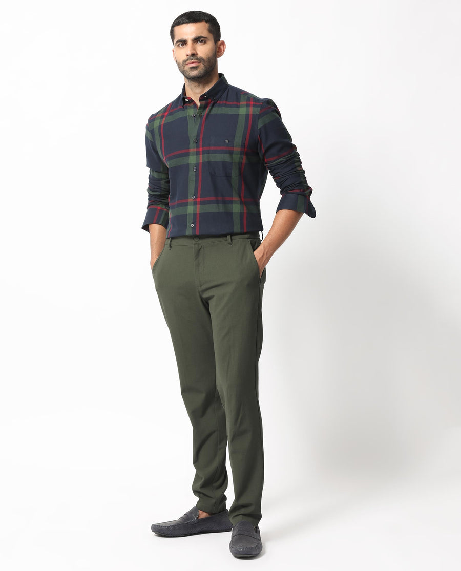Rare Rabbit Men's Wink Dark Navy Cotton Checked Print Regular Fit Full Sleeve Collared Shirt