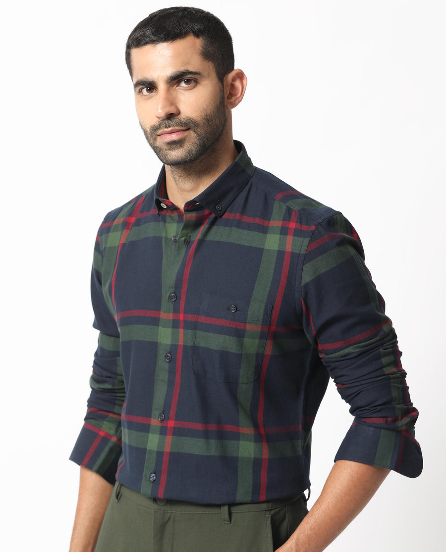 Rare Rabbit Men's Wink Dark Navy Cotton Checked Print Regular Fit Full Sleeve Collared Shirt
