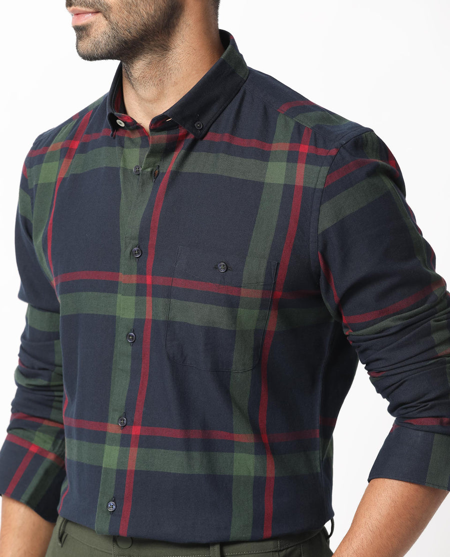 Rare Rabbit Men's Wink Dark Navy Cotton Checked Print Regular Fit Full Sleeve Collared Shirt