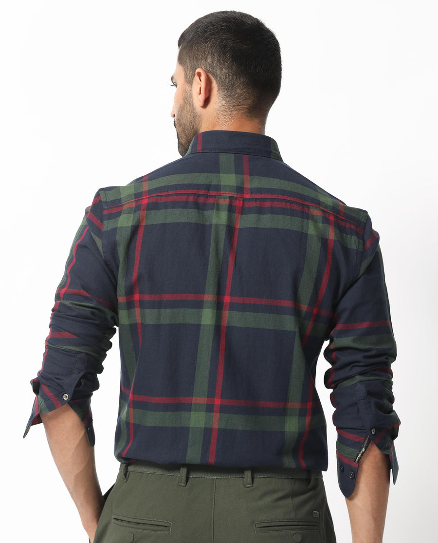 Rare Rabbit Men's Wink Dark Navy Cotton Checked Print Regular Fit Full Sleeve Collared Shirt
