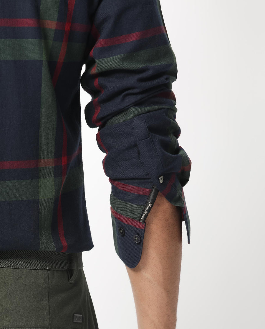 Rare Rabbit Men's Wink Dark Navy Cotton Checked Print Regular Fit Full Sleeve Collared Shirt