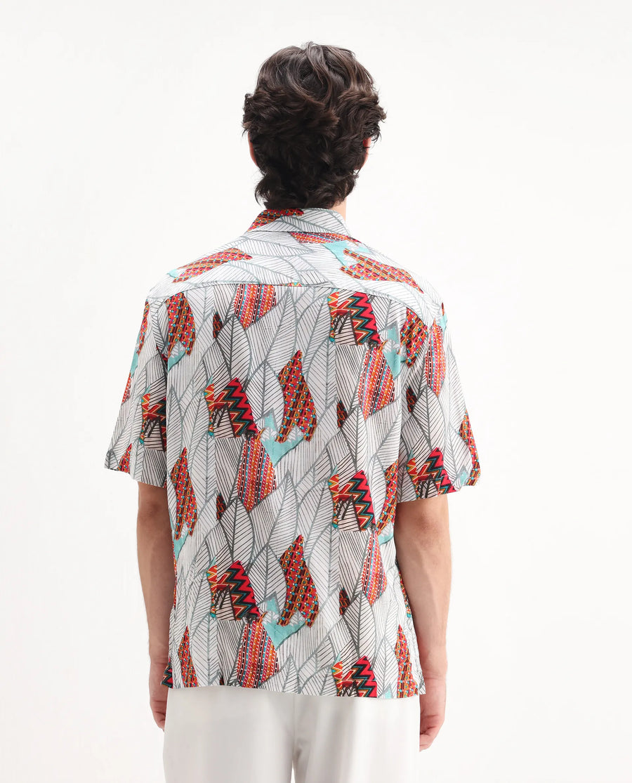Rare Rabbit Men's Winona White Cotton Floral Print Boxy Fit Half Sleeve Collared Shirt