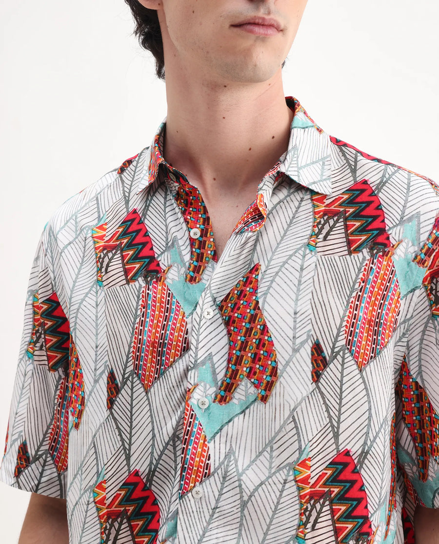 Rare Rabbit Men's Winona White Cotton Floral Print Boxy Fit Half Sleeve Collared Shirt