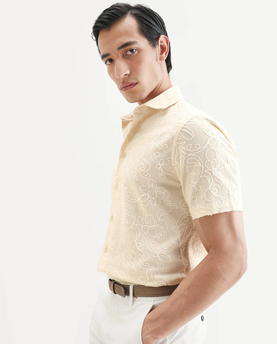 Rare Rabbit Men's Winsen Beige Cotton Fabric Half Sleeve Spread Collar Regular Fit Embroidered Shirt