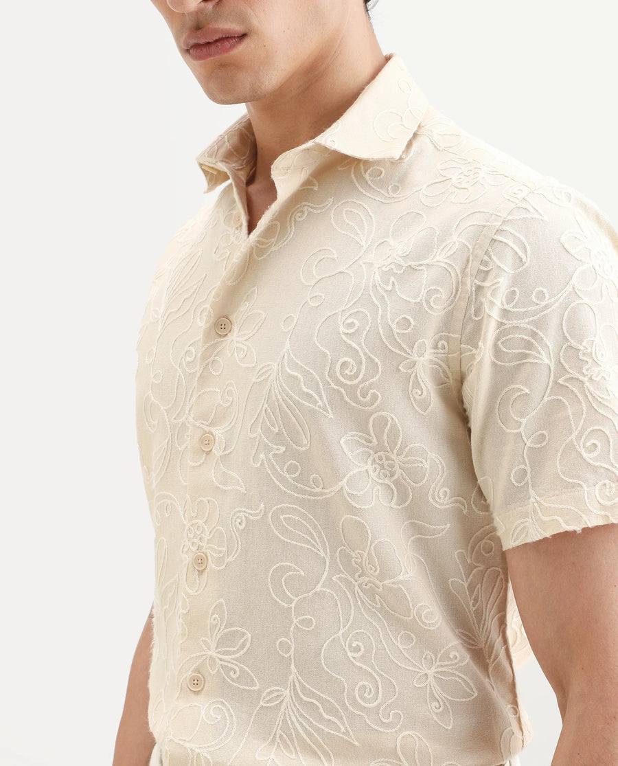 Rare Rabbit Men's Winsen Beige Cotton Fabric Half Sleeve Spread Collar Regular Fit Embroidered Shirt