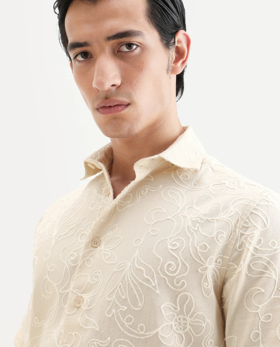 Rare Rabbit Men's Winsen Beige Cotton Fabric Half Sleeve Spread Collar Regular Fit Embroidered Shirt