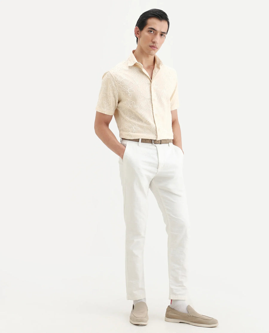 Rare Rabbit Men's Winsen Beige Cotton Fabric Half Sleeve Spread Collar Regular Fit Embroidered Shirt