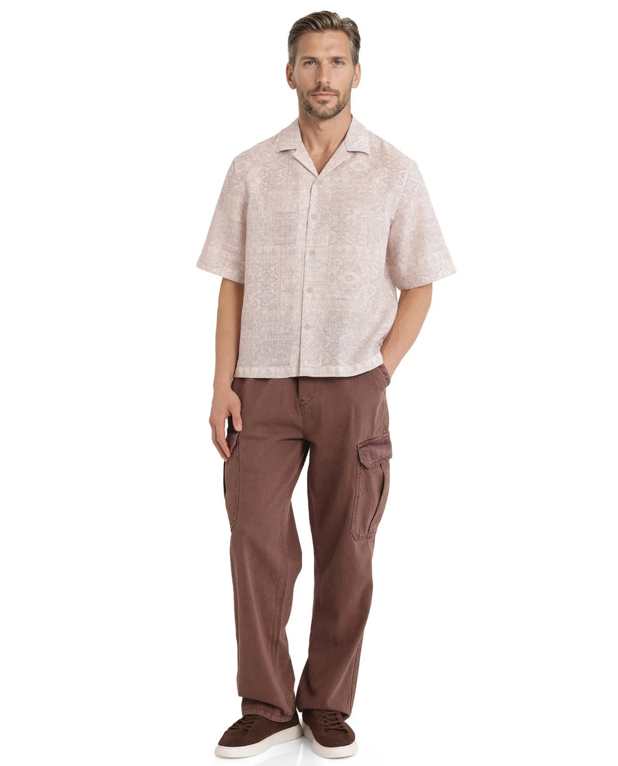 Rare Rabbit Men's Wisp Beige Cotton Paisley Print Boxy Fit Half Sleeve Cuban Collar Shirt