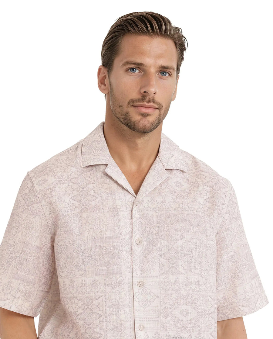 Rare Rabbit Men's Wisp Beige Cotton Paisley Print Boxy Fit Half Sleeve Cuban Collar Shirt