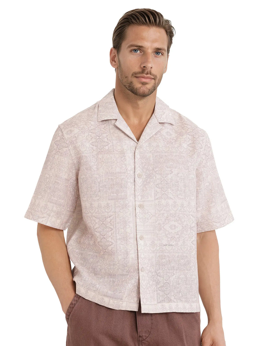 Rare Rabbit Men's Wisp Beige Cotton Paisley Print Boxy Fit Half Sleeve Cuban Collar Shirt