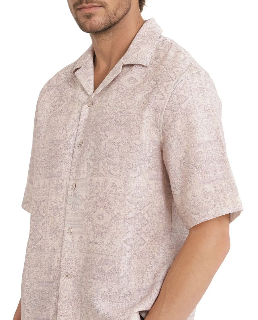 Rare Rabbit Men's Wisp Beige Cotton Paisley Print Boxy Fit Half Sleeve Cuban Collar Shirt