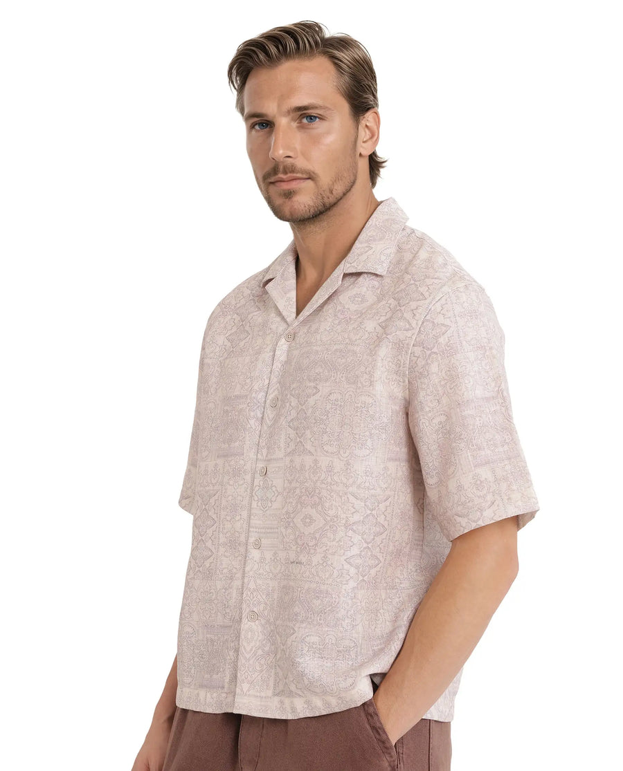 Rare Rabbit Men's Wisp Beige Cotton Paisley Print Boxy Fit Half Sleeve Cuban Collar Shirt