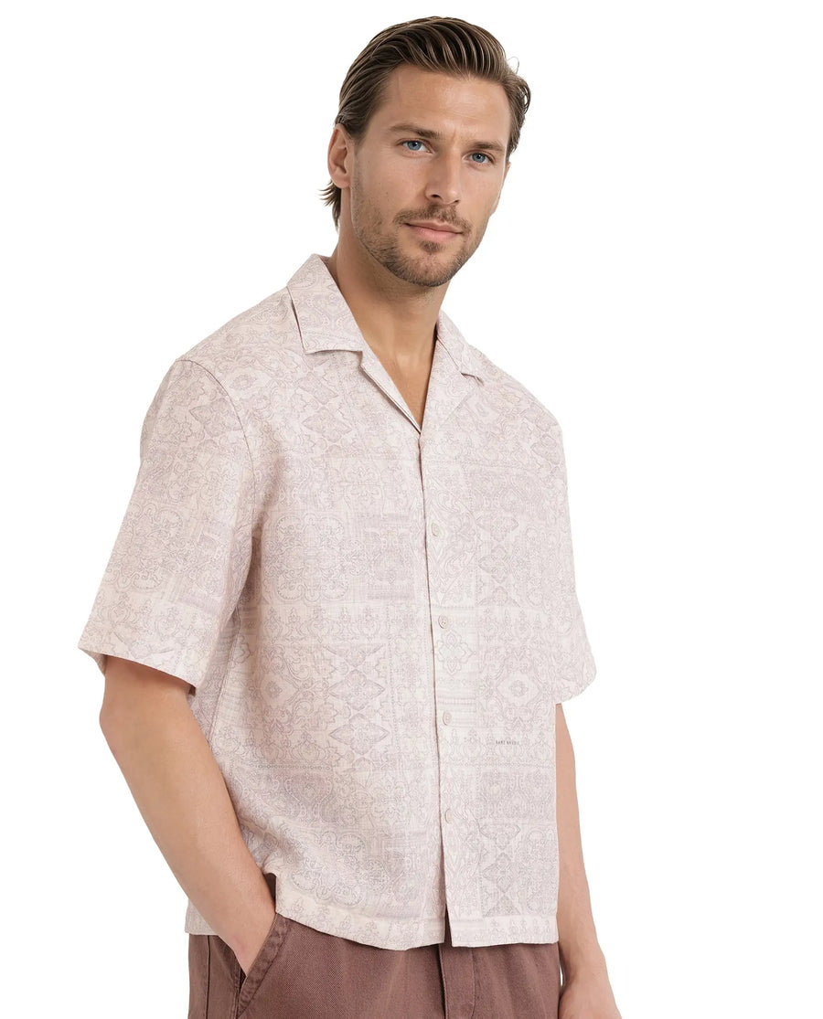 Rare Rabbit Men's Wisp Beige Cotton Paisley Print Boxy Fit Half Sleeve Cuban Collar Shirt