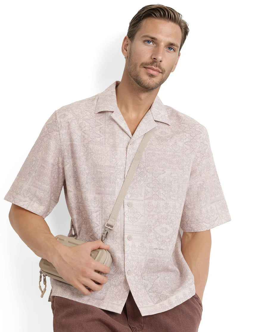 Rare Rabbit Men's Wisp Beige Cotton Paisley Print Boxy Fit Half Sleeve Cuban Collar Shirt