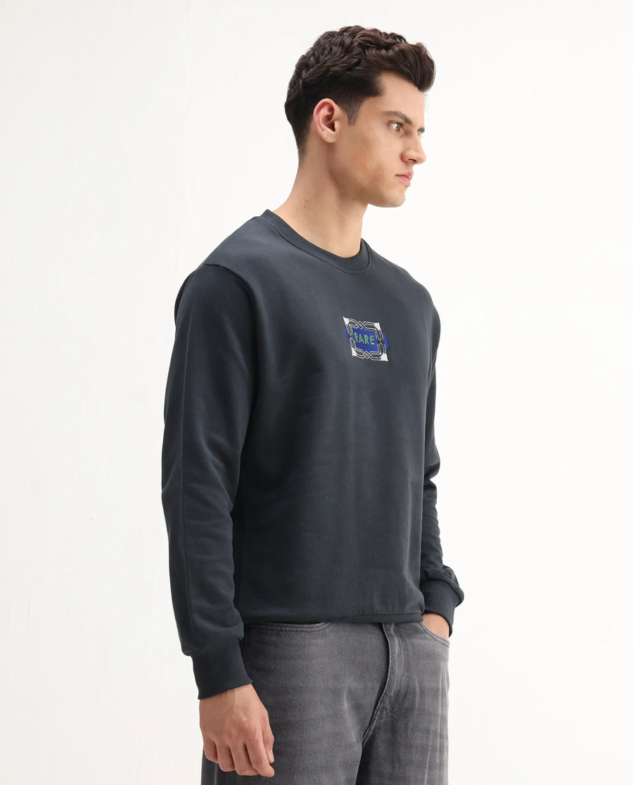 Rare Rabbit Men's Wolf Dark Grey Cotton Embroidered Regular Fit Full Sleeve Crew Neck Sweatshirt